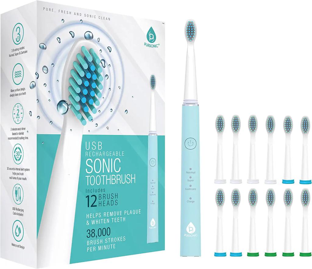 PURSONIC Pursonic Whitening USB Rechargeable Sonic Toothbrush-12 Brush Heads