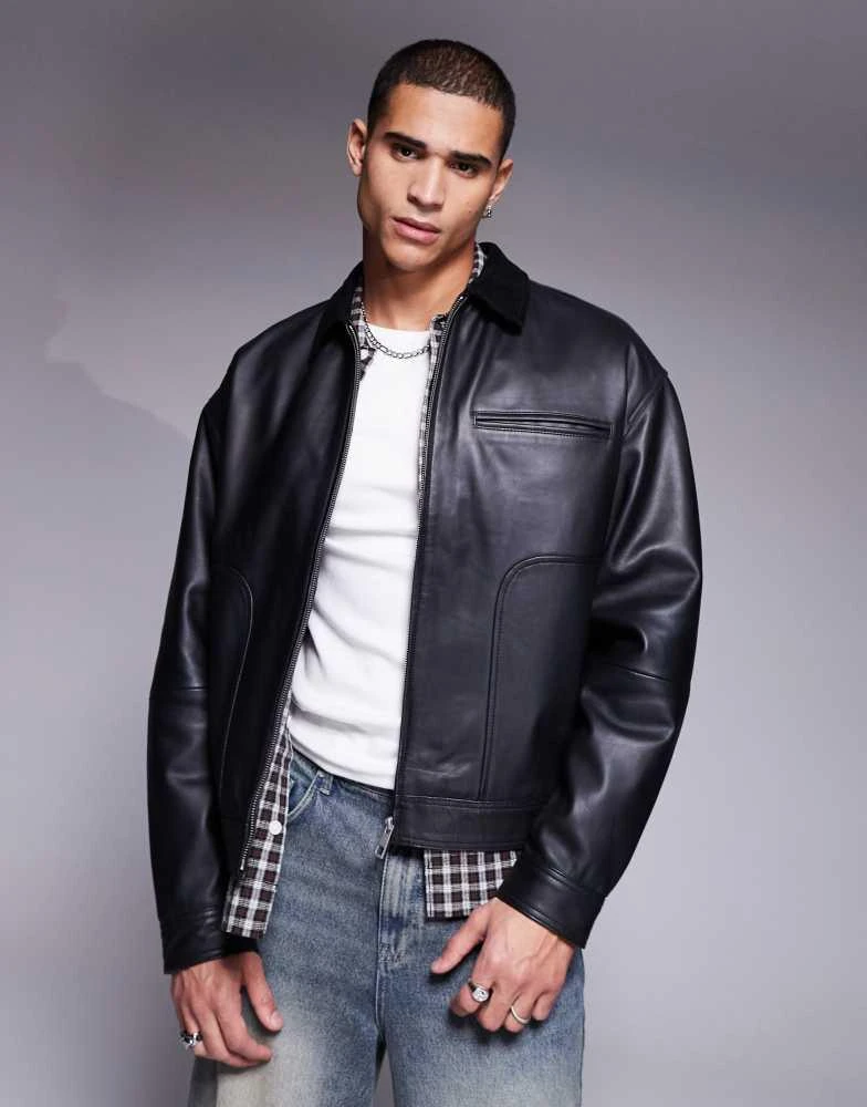ASOS ASOS DESIGN Premium real leather harrington jacket with suede collar in black 1