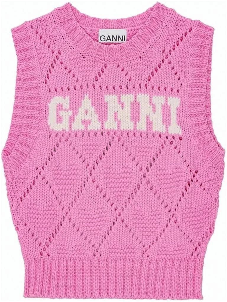 Ganni Sleeveless Knitted Sweater Vest with Diamond Pattern and Logo
