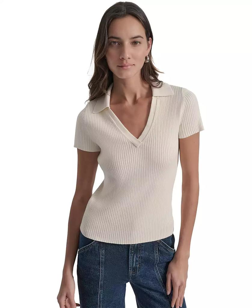 DKNY Womens Ribbed V-Neck Polo Sweater