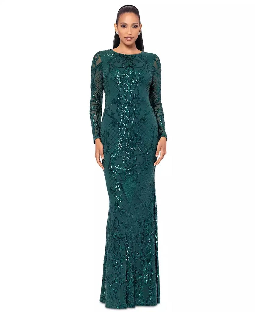 Betsy & Adam Petite Sequinned Mesh-Sleeve Evening Gown 1