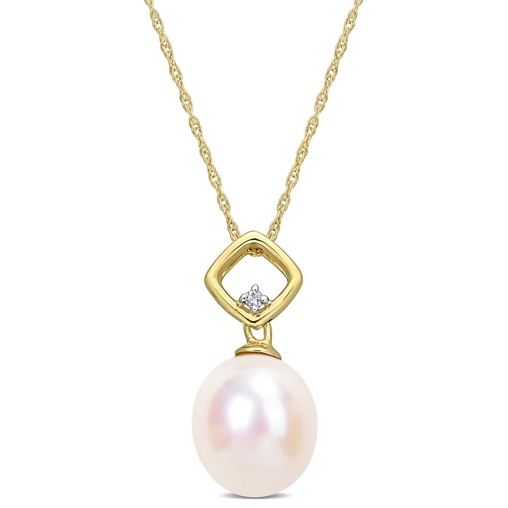 Mimi & Max Mimi & Max 9-9.5mm Cultured Freshwater Pearl and Diamond Accent Drop Pendant with Chain in 10k Yellow Gold