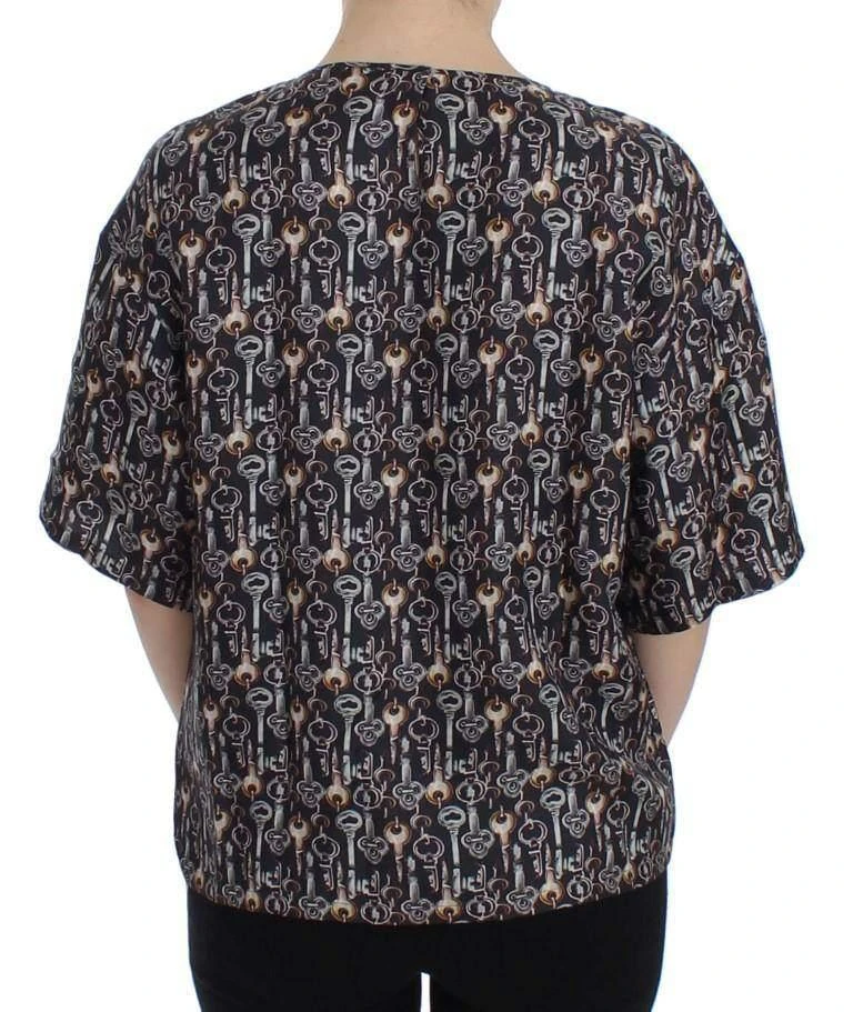 Dolce & Gabbana Dolce & Gabbana  Gray Gold Key Print Silk Blouse T-shirt 3