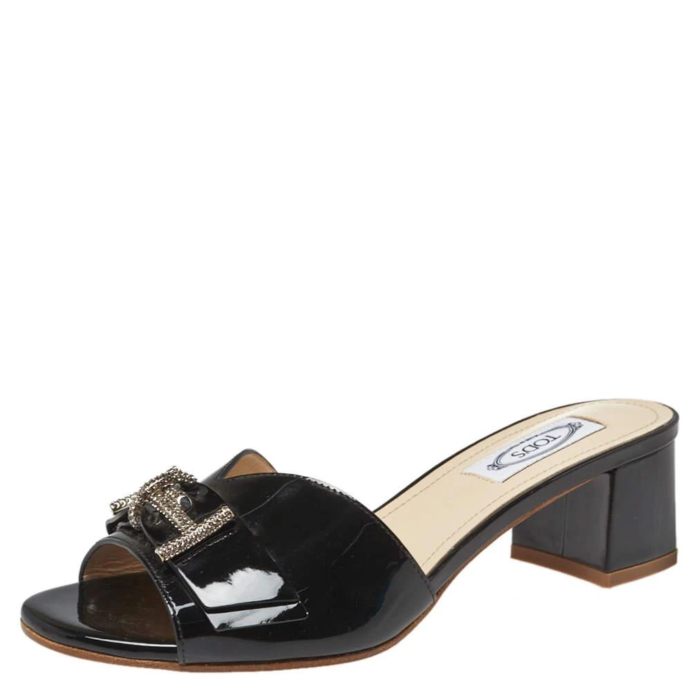 Tod's Tod's Black Patent Leather Double T Embellished Slide Sandals Size 36.5 1