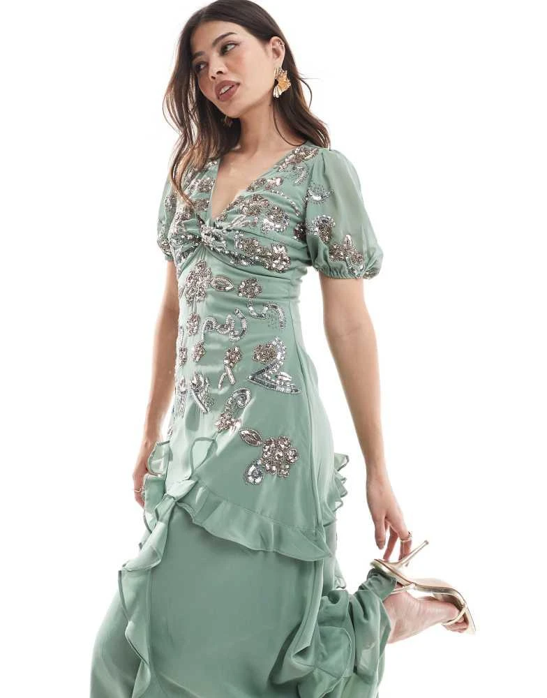 Maya Maya Embellished twist bodice asymmetric hem midi dress in dark sage 2
