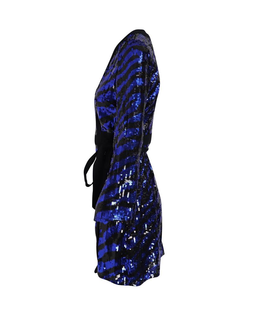 Rixo Rixo Striped Wrap Dress in Blue and Black Sequin