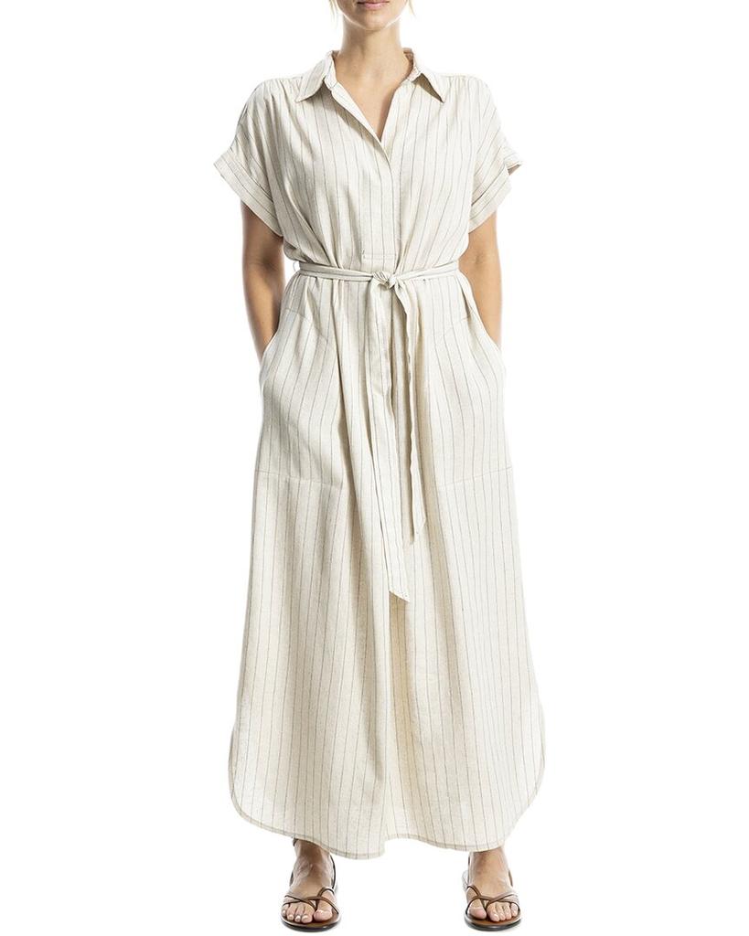 Max Studio Roll Sleeve Belted Linen-Blend Maxi Dress