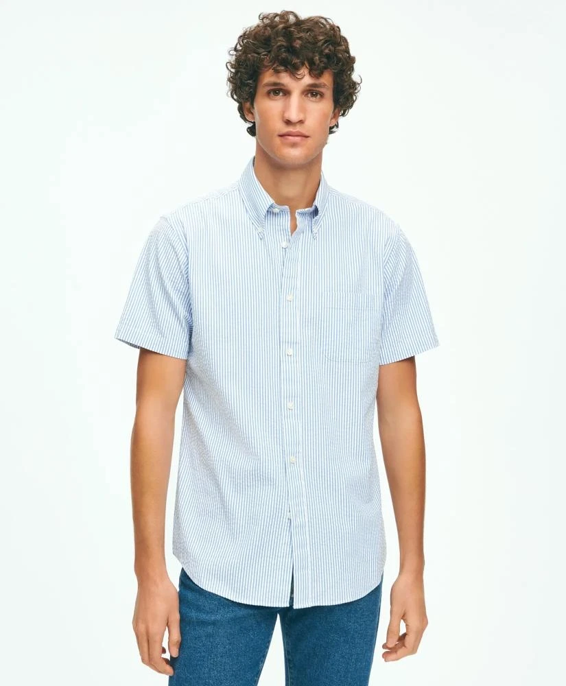 Brooks Brothers Washed Cotton Seersucker Button-Down Collar, Stripe Short-Sleeve Sport Shirt 1