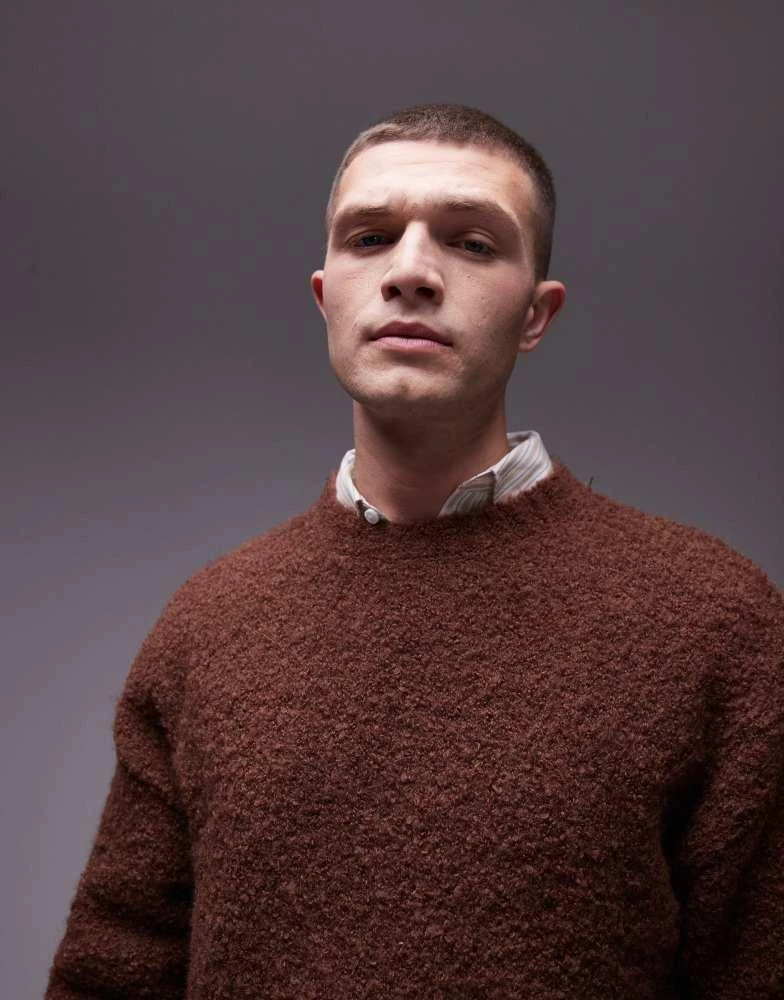 Topman Topman relaxed fit boucle jumper in brown 1