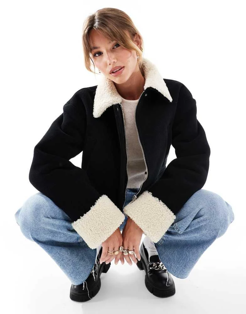 ASOS ASOS DESIGN cord bonded jacket with shearling collar in black 1