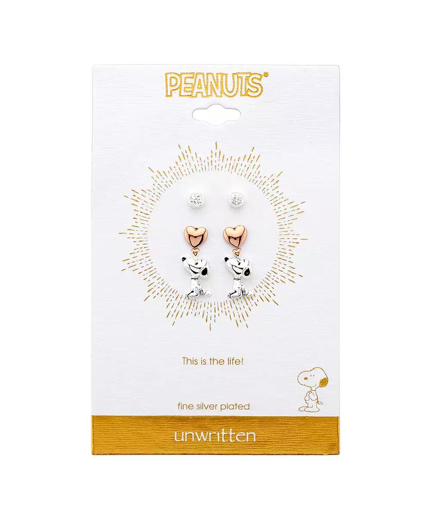 Peanuts Unwritten Three Pair Silver Plated Snoopy Earring Set with Rose Gold Heart and CZ Bezel Stud