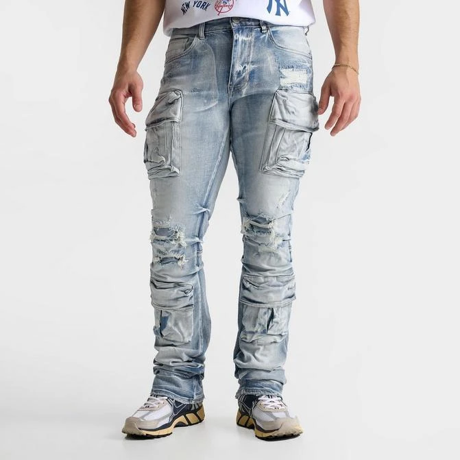 Smoke Rise Men's Smoke Rise Distressed Stacked Flare Cargo Denim Jeans 1