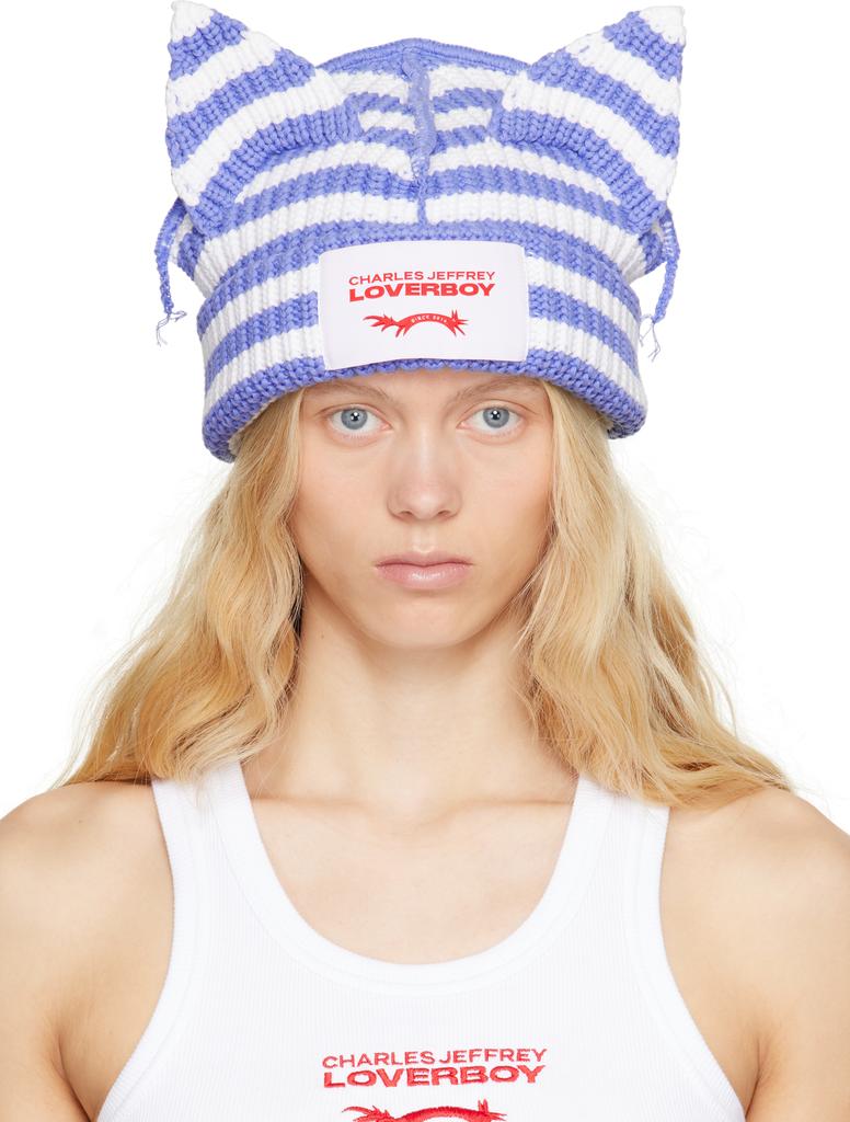 Charles Jeffrey Loverboy SSENSE Exclusive Blue & White Chunky Ears Beanie