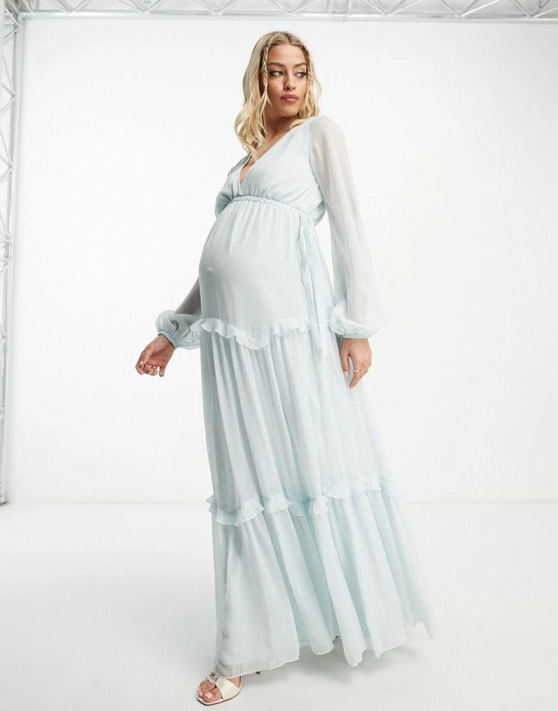 ASOS Maternity ASOS DESIGN Maternity Exclusive long sleeve skater tiered maxi dress with cut out waist and tie detail in baby blue 3