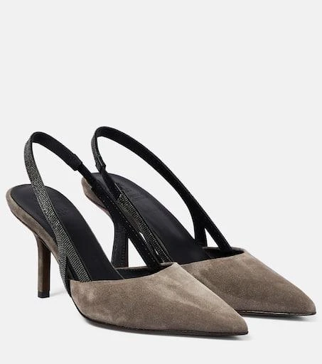 Brunello Cucinelli Embellished suede slingback mules 1