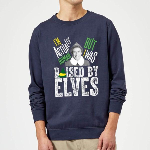 Elf Elf Raised By Elves Christmas Sweater - Navy