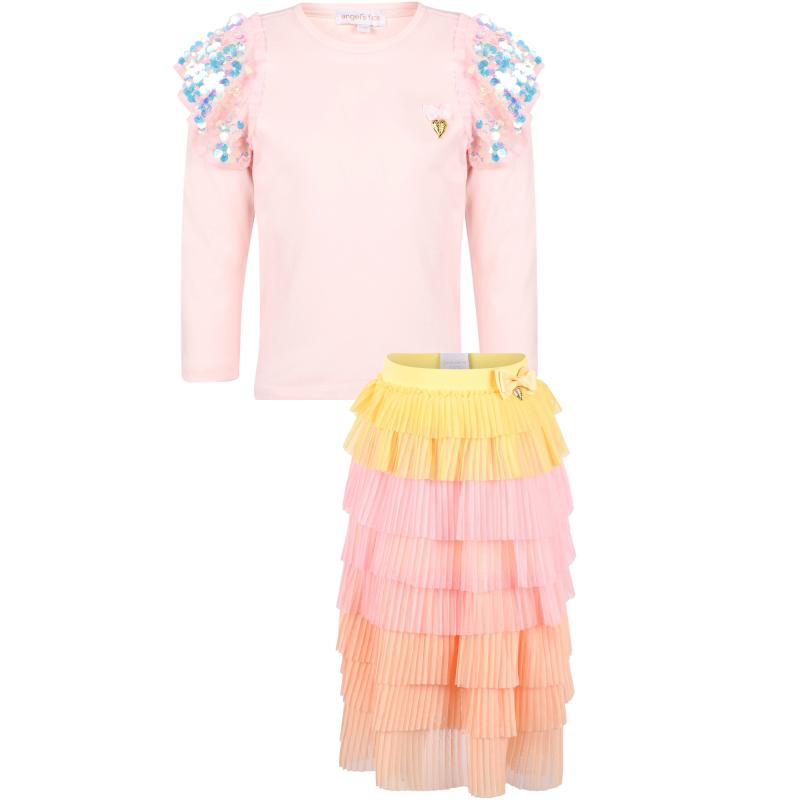 Angel's Face Sequin ruffled long sleeves shirt and tiered pleated skirt set in pink yellow and apricot