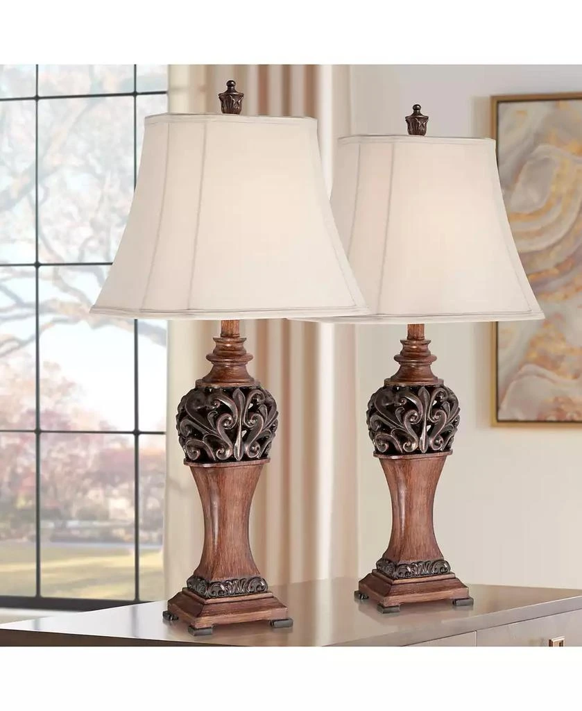 Regency Hill Exeter Traditional Table Lamps 30" Tall Set of 2 Bronze Wood Carved Leaf Cream Rectangular Bell Shade for Bedroom Living Room Bedside