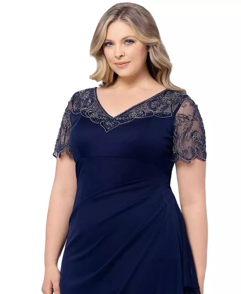 XSCAPE Plus Size Beaded Illusion-Sleeve V-Neck Gown 4