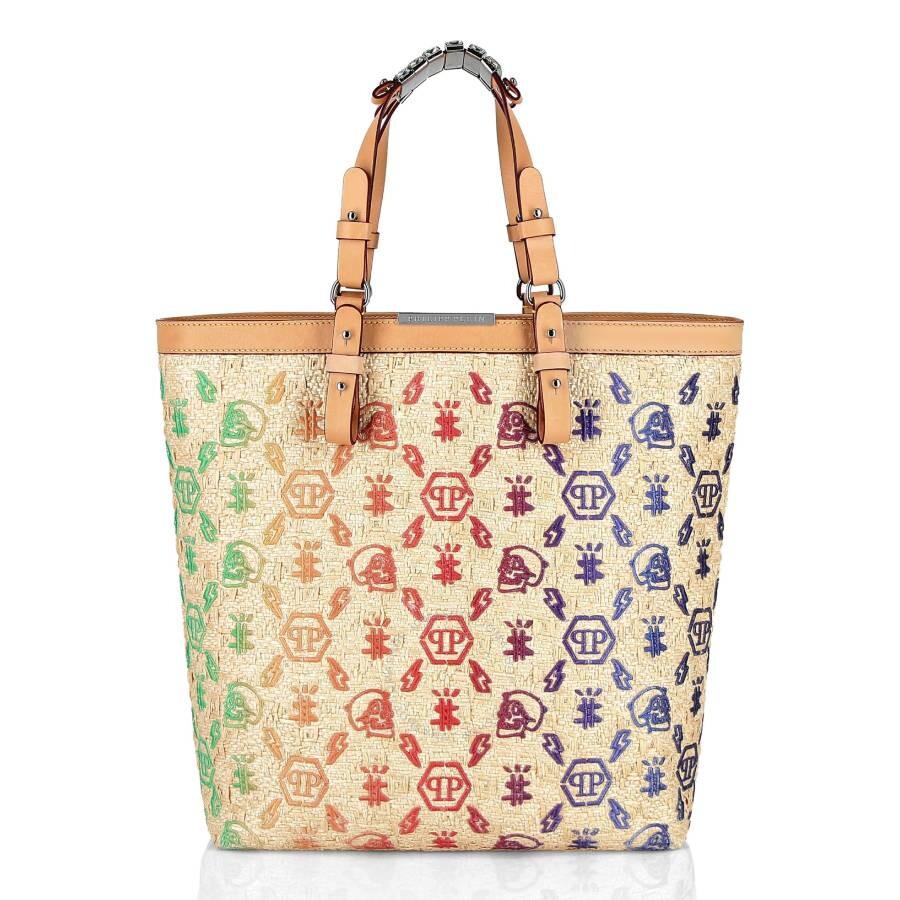 Philipp Plein Monogram Embroidery Raffia Shopper Bag