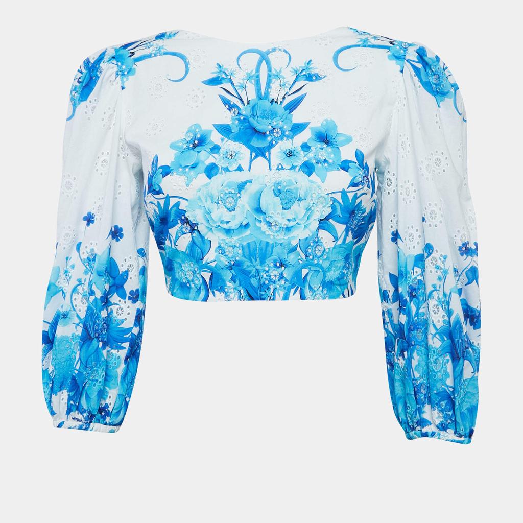 Borgo de Nor Borgo De Nor Blue Floral Print Broderie Anglaise Cotton Rhea Crop Top S