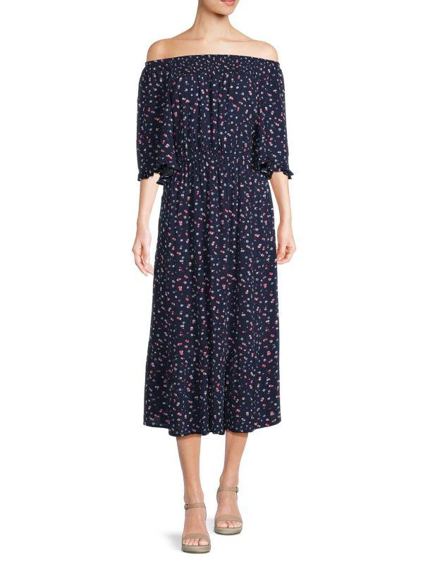 Bobeau Print Off Shoulder Midi Dress 1