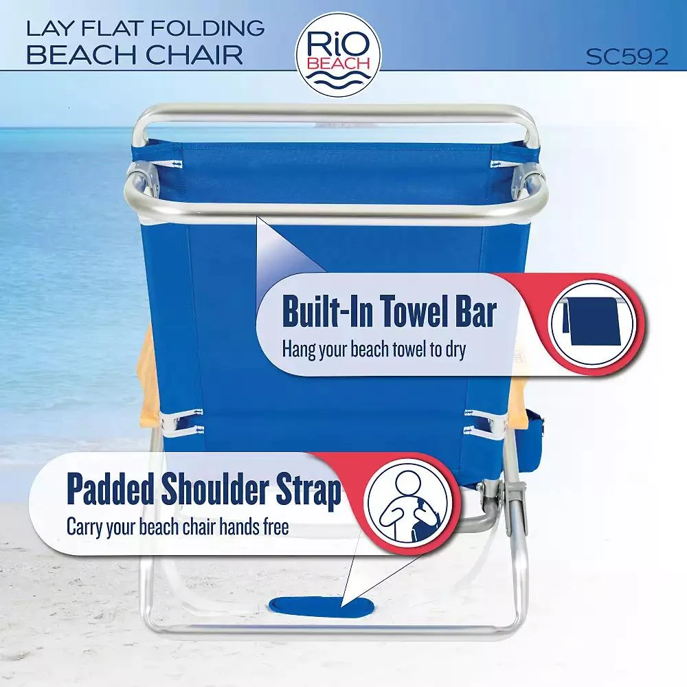Rio Beach Classic 5-Position Lay-Flat Folding Chair, Outdoor Pool And Beach Chair With Carrying Strap And Towel Bar, Green Stripes 7