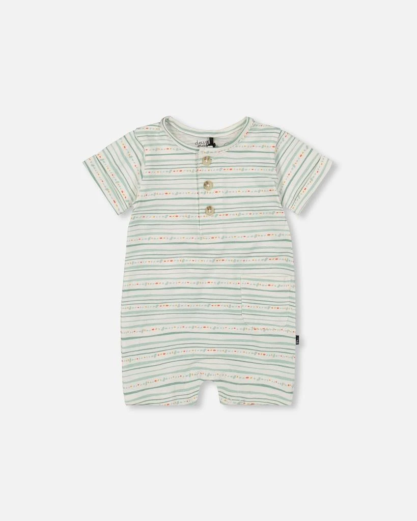 Deux par Deux Organic Cotton Romper White Printed Mint Green Lines