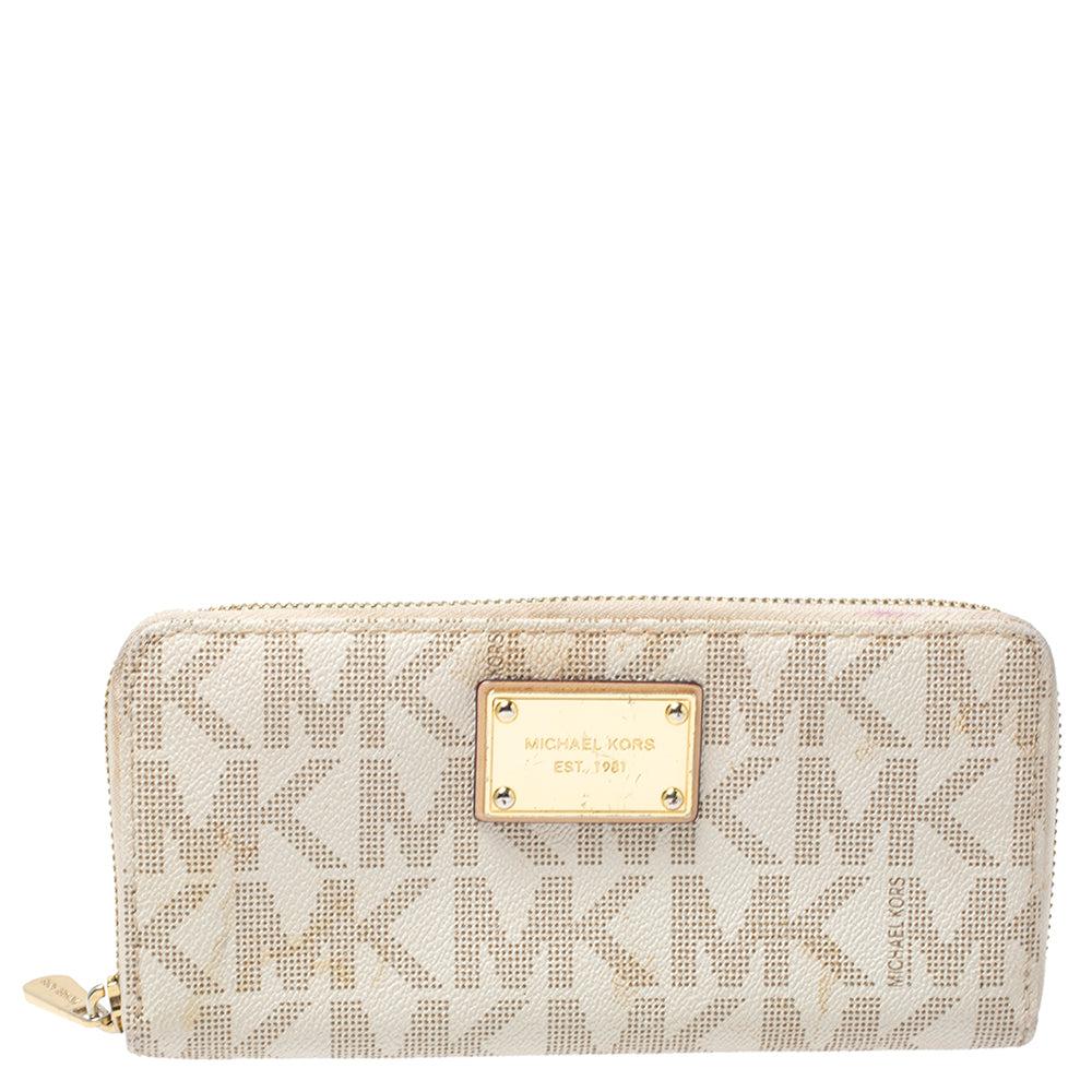 Michael Kors White Monogram Coated Canvas Zip Around Wallet Wallets Free Shipping BeyondStyle