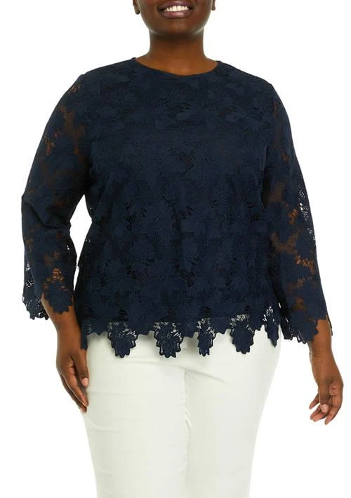 ELLA Rafaella Rafaella Plus Size Scalloped Lace Long Sleeve Blouse 1