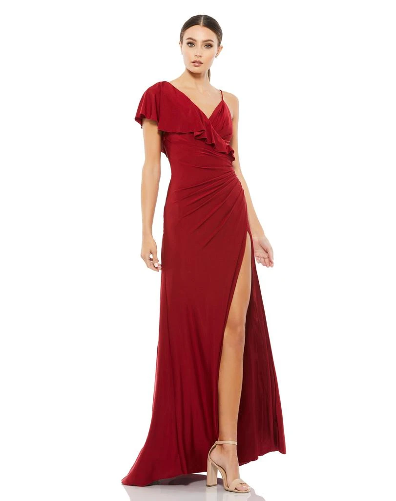 Mac Duggal Asymmetric V-Neck Jersey Ruffled Cap Sleeve Gown - Dresses &  Skirts - BeyondStyle