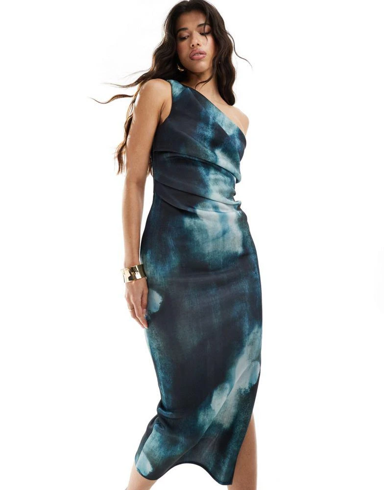 ASOS ASOS DESIGN pleated one shoulder scuba midi dress in smudge blue print 1
