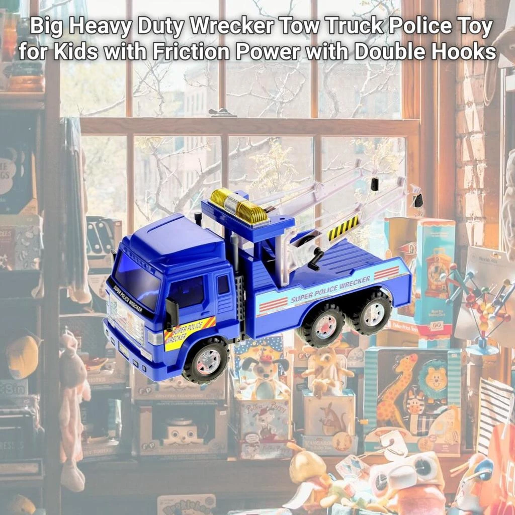 AZ Trading & Import Big Heavy Duty Wrecker Tow Truck Police Toy for Kids with Friction Power with Double Hooks 2