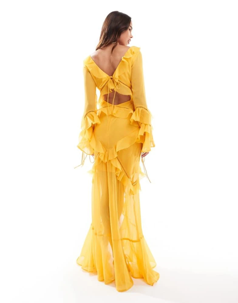 ASOS ASOS DESIGN long sleeve ruffle maxi dress with lace inserts in yellow 4