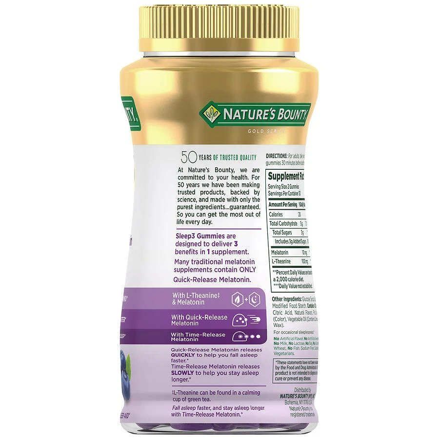Nature's Bounty Sleep3 10 mg Melatonin Gummies, Drug-Free Blueberry 3