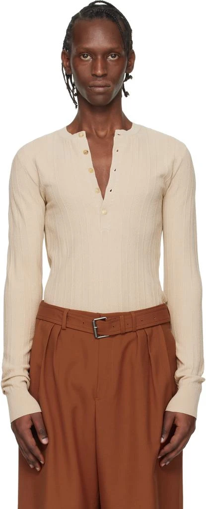 Dries Van Noten Beige Rib-Knit Henley