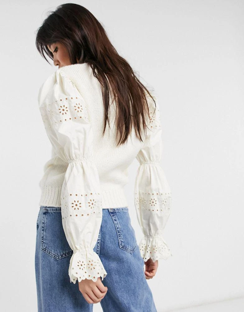 & Other Stories & Other Stories wool jumper with broderie sleeves in off white - WHITE 2