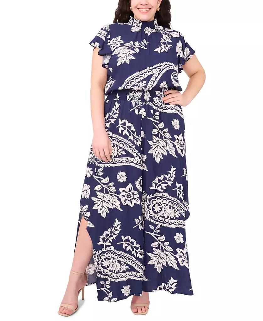 MSK Plus Size Printed Mock-Neck Short-Sleeve Jumpsuit