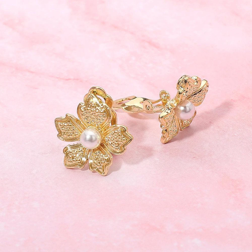 FASHNZFAB Pearl Accent Textured Metal Petal Floral Clip On Earrings - Cream, Gold