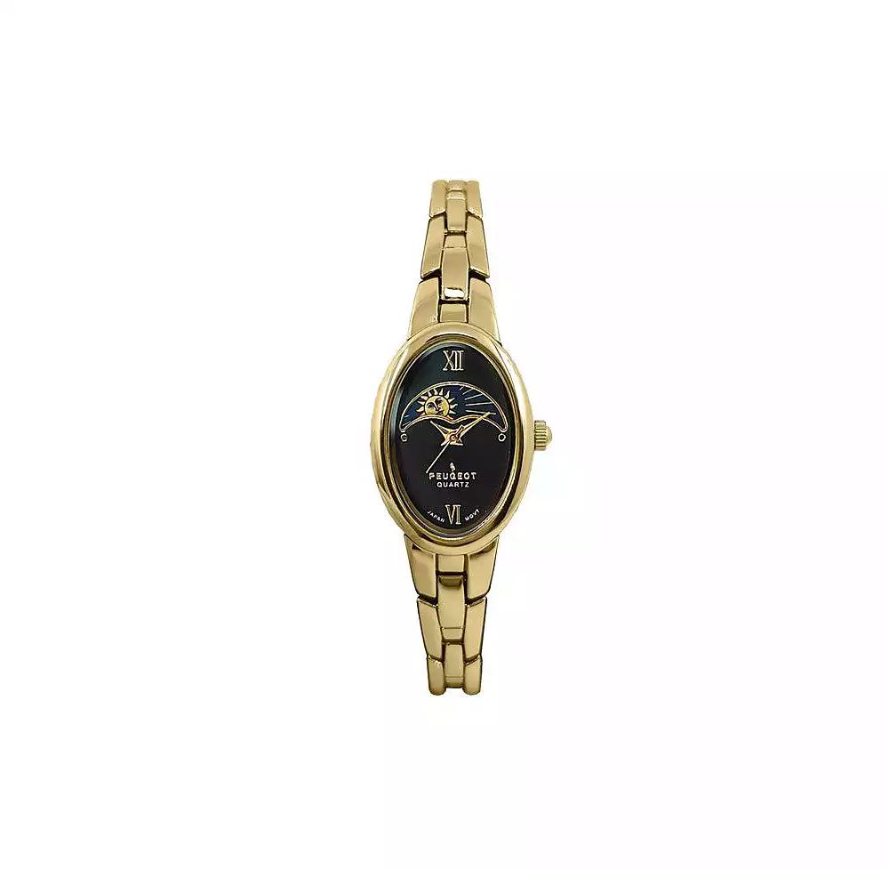 Peugeot Women's Gold 30x25mm Sun Moon Dial Link Bracelet Watch with Black Dial