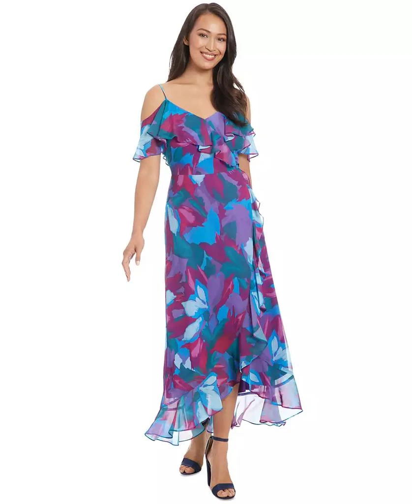 London Times Petite Printed Cold-Shoulder Ruffle Chiffon Dress 2