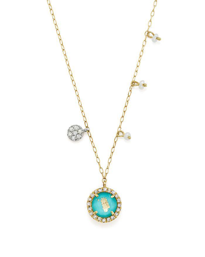 Meira T 14K Yellow Gold Turquoise Doublet and Diamond Pendant Necklace with Cultured Freshwater Pearl Charms, 16"
