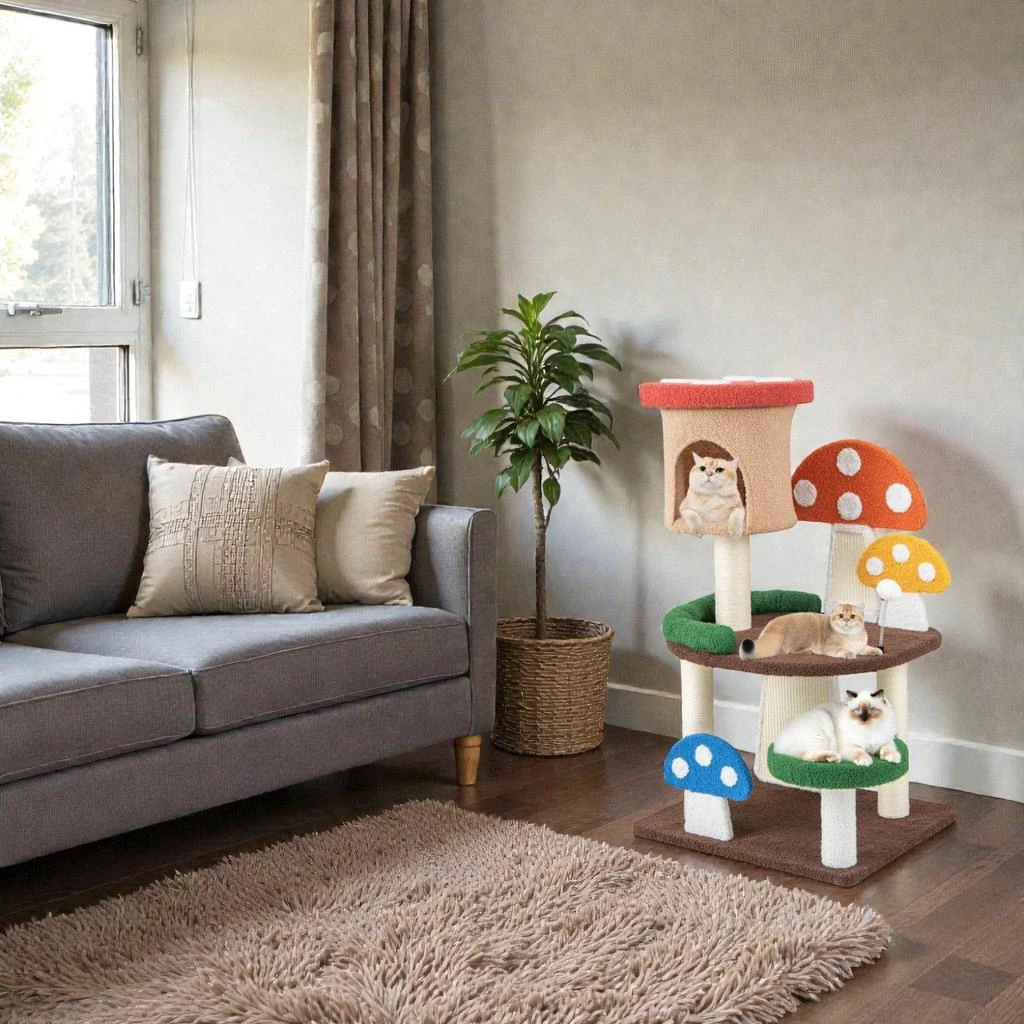Hivvago 4-in-1 Mushroom-Style Cat Tower with Cozy Condo, Spring Toy 
Sisal Scratch Posts