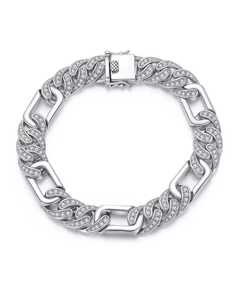 Genevive Men
s Sterling Silver White Gold Plated with Iced Out Cubic Zirconia Oblong Curb Chain Bracelet 6