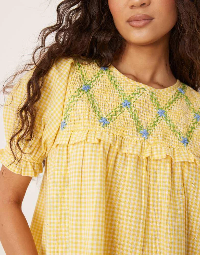 Neon Rose Neon Rose shirred detail mini gingham babydoll dress in yellow 2