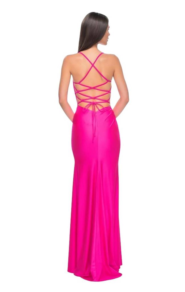 La Femme Strappy Open-Back Long Dress In Neon Pink