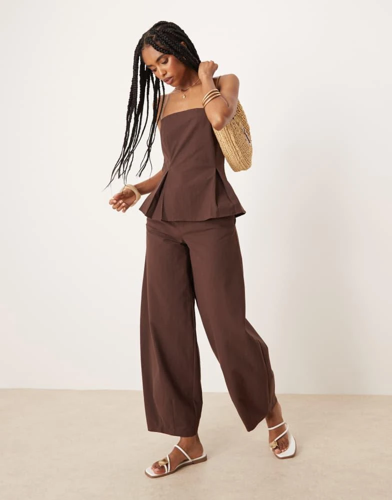 ASOS ASOS DESIGN linen blend cinch waist bandeau top in chocolate 4
