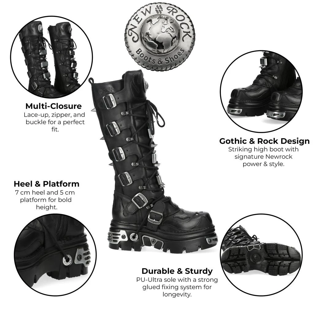 NewRock M-161-C10 Knee High Black Leather Spiked Gothic Boots 2