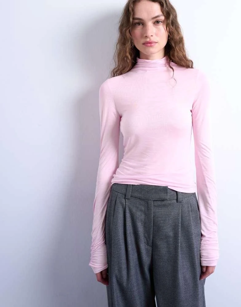 Topshop Topshop high neck viscose long sleeve top in pink 4