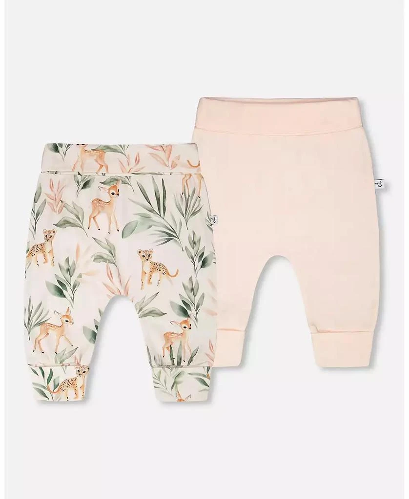 Deux par Deux Baby Girls 2 Pack Cotton Jersey Evolutive Pants Peach and Peach Deer Print